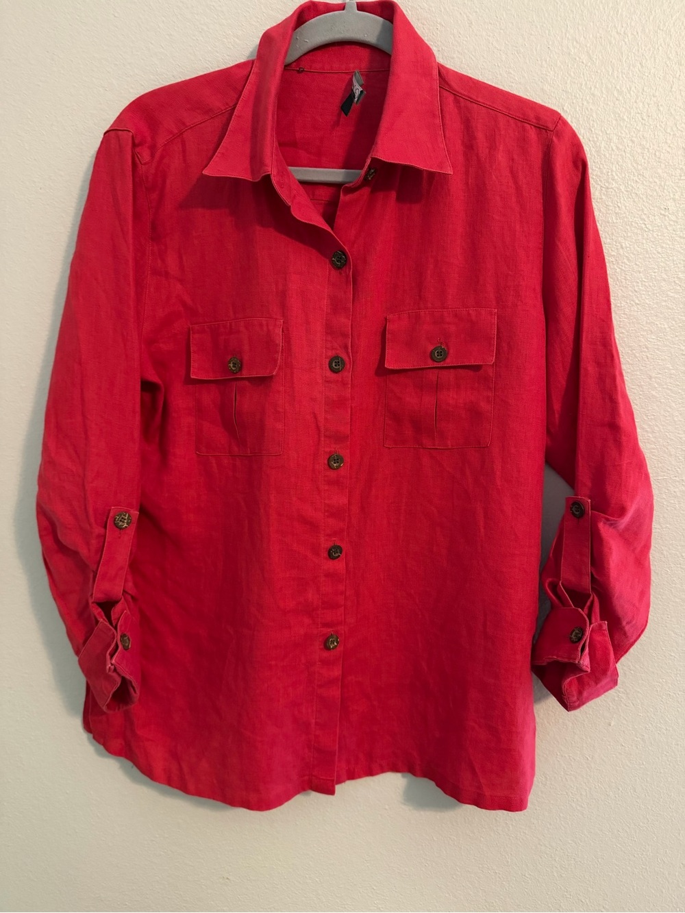 Vintage Go Silk 100% Linen Red Button Front Utility Shirt Blouse Size M Natural